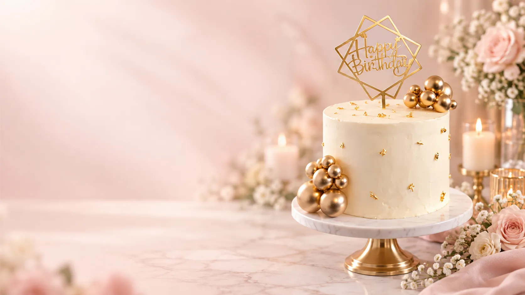 Cake blanco con detalles dorados en una celebración elegante